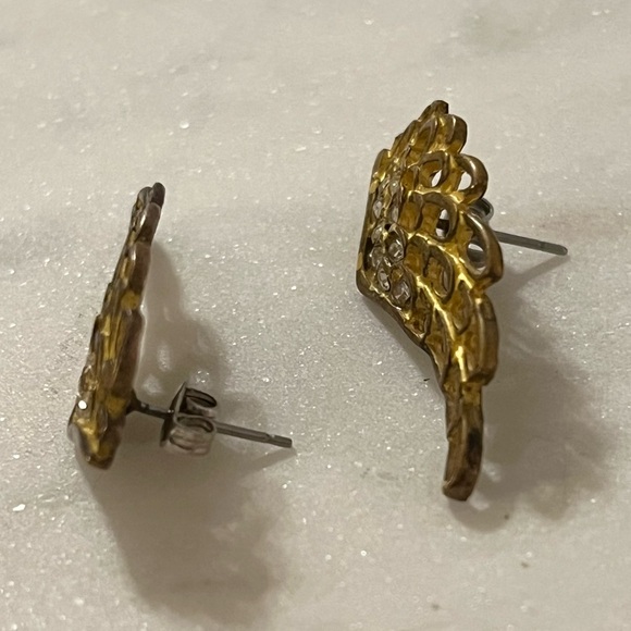 Angel Wing Earrings Bronze Tone with Rhinestone Post Earrings - Picture 6 of 13